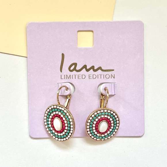 🏷️ i am • 🎉LE🎉 white, red & turquoise beaded gold circle dangling earrings - Picture 3 of 8